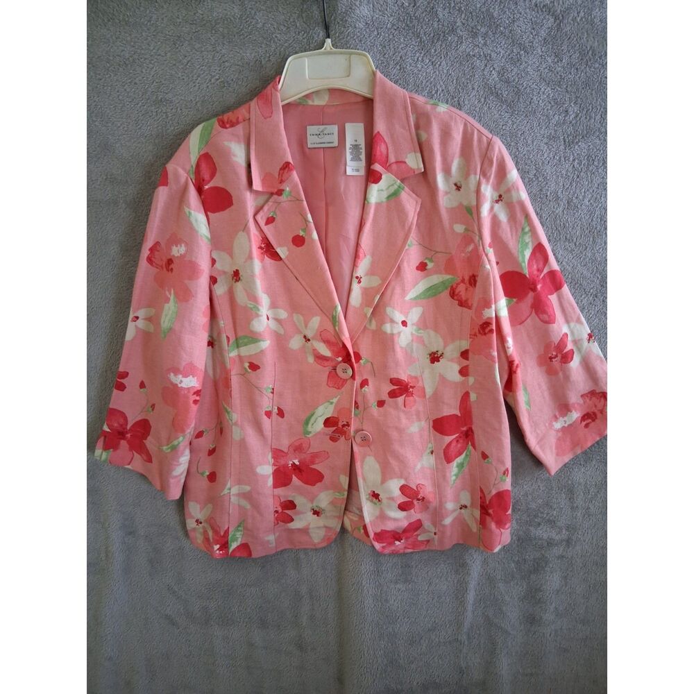 Blazer Sz 16 Linen Blend Pink Botanical Floral Airy Garden Emma James 3/4 Sleeve